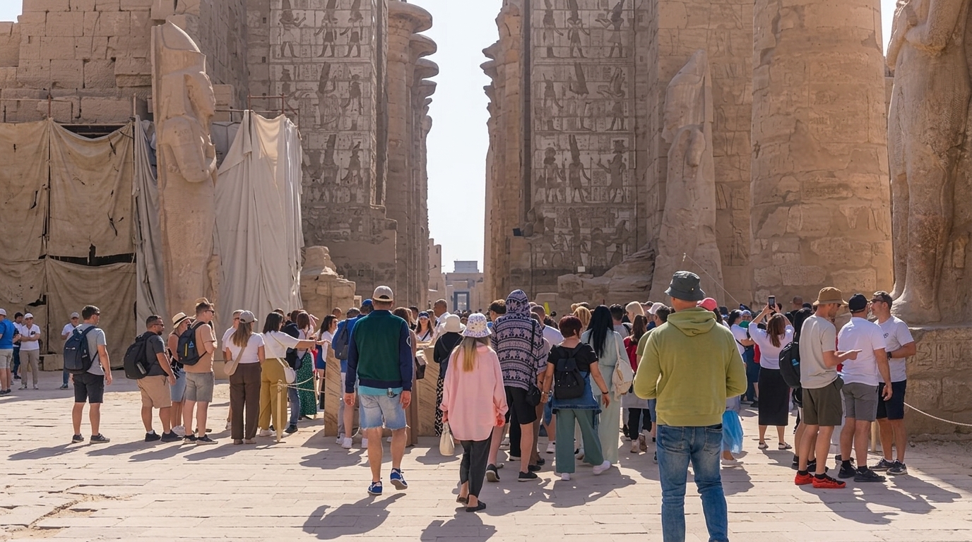 Tourists gathering among the colossal statues and columns of an ancient Egyptian temple in Luxor, Egypt